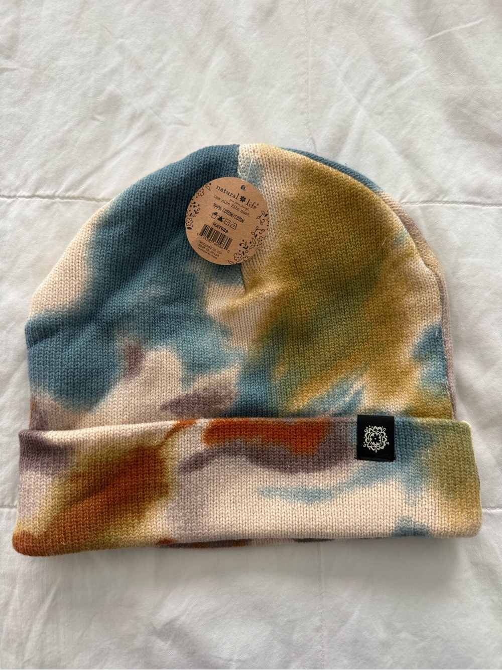 NATURAL LIFE Kids Tie-Dye Beanie Hat - Blue, Mustard, Cream, Brown
